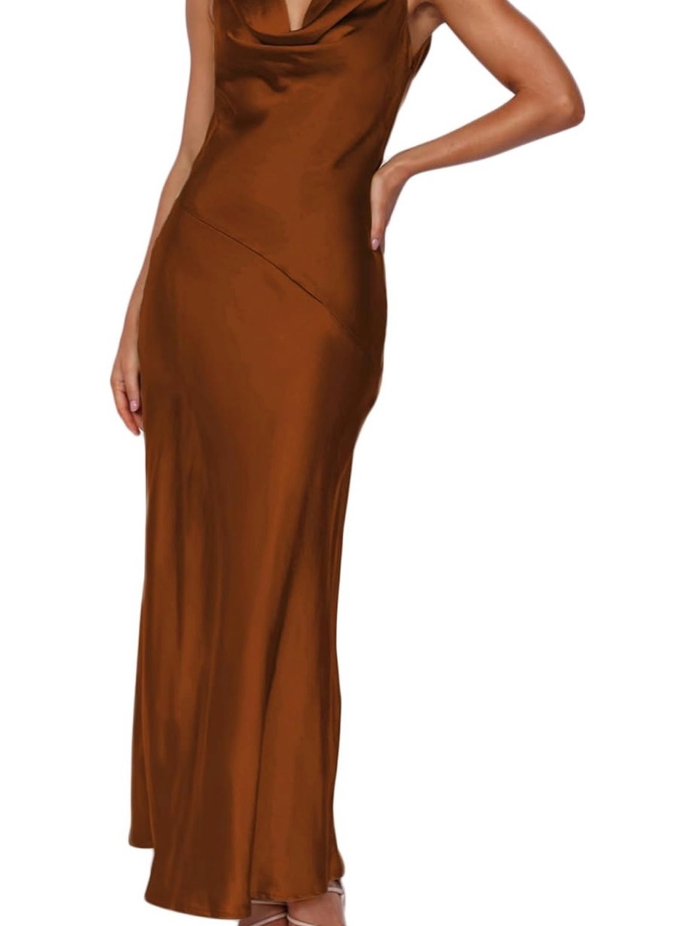 KOUNAI Brown Satin Backless Cowl Neck Maxi Dress - Size M